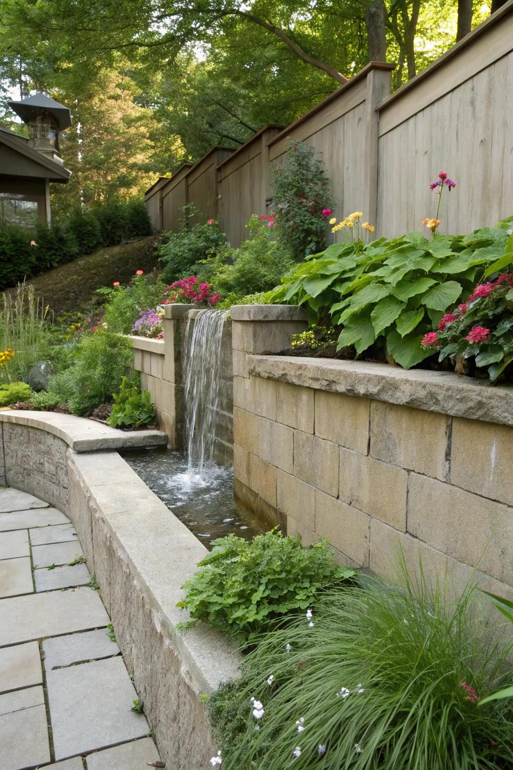 Concrete wall presenting a waterfall, injecting tranquility into the garden.