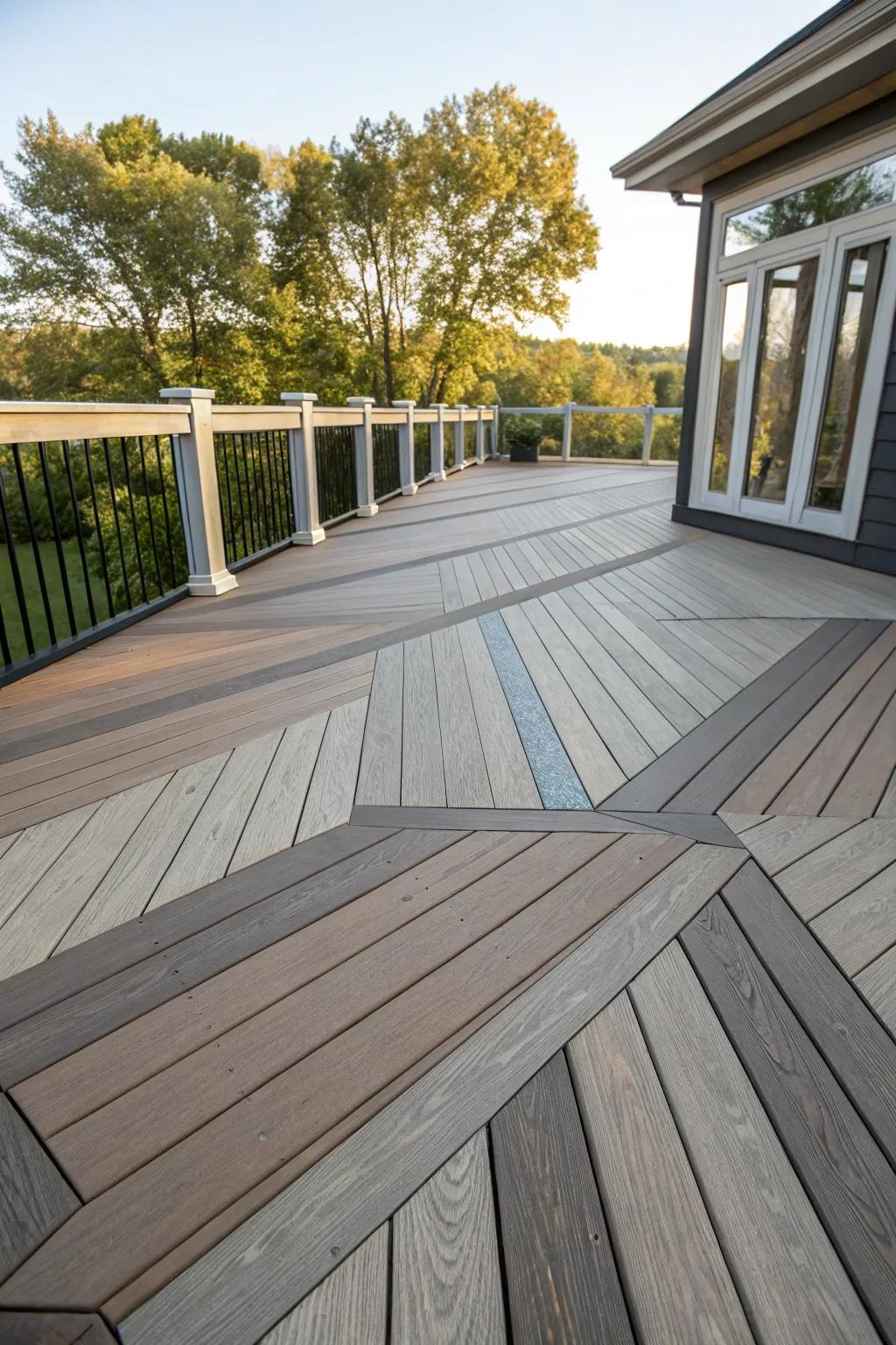 A deck exhibiting a lively layout with varied width decking strips.