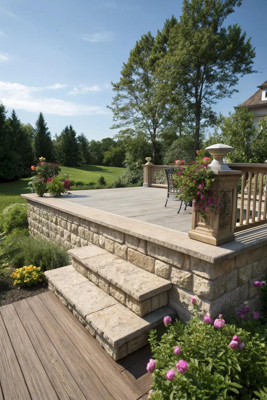 Stone finish adds elegance and durability to deck skirting.