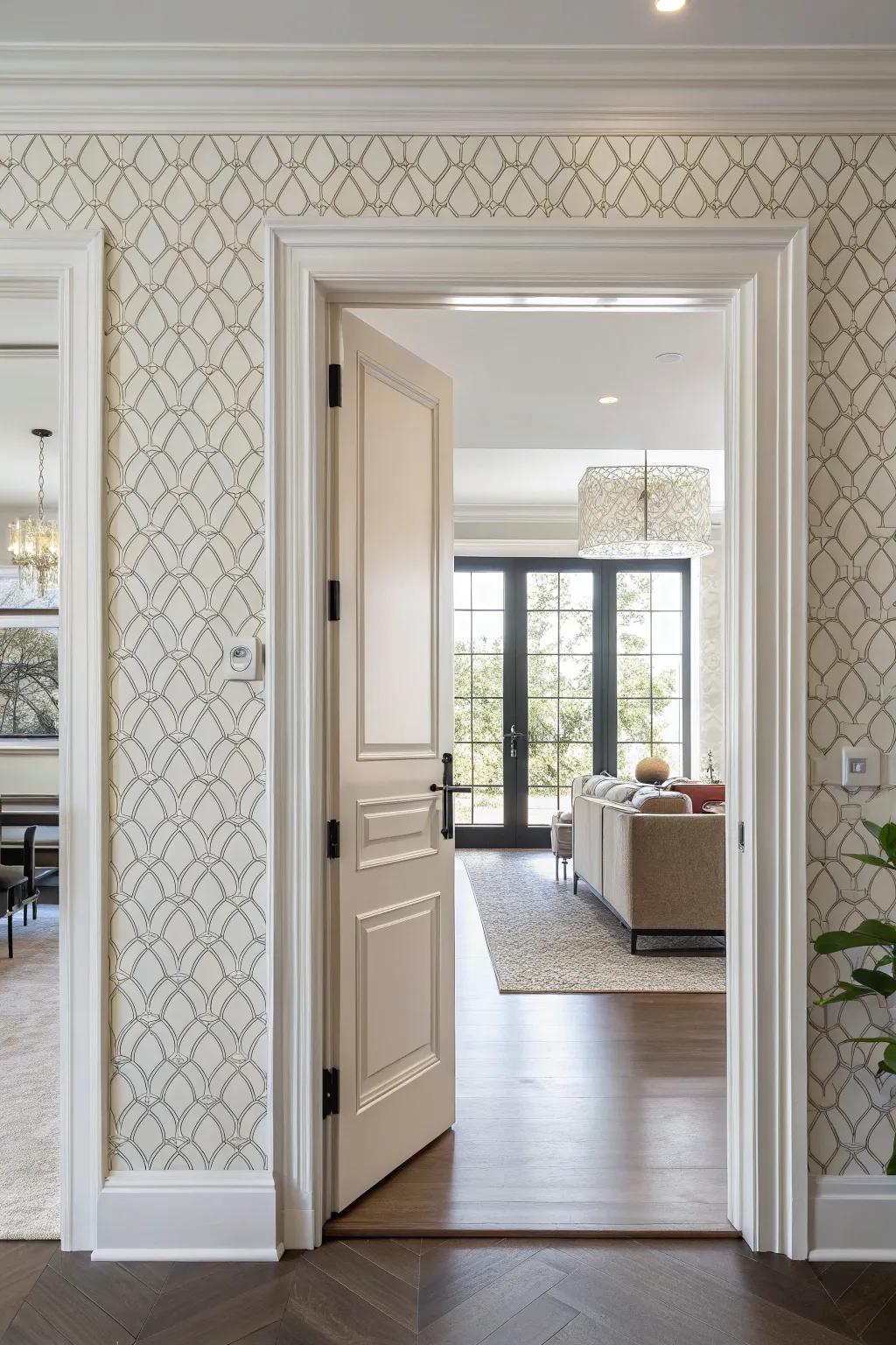 Frames covered in wallcoverings introduce a playful texture to the room.