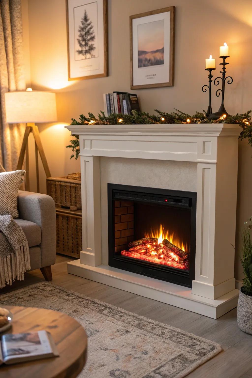 An electric fireplace featuring state-of-the-art LED technology to achieve realistic flame visuals.