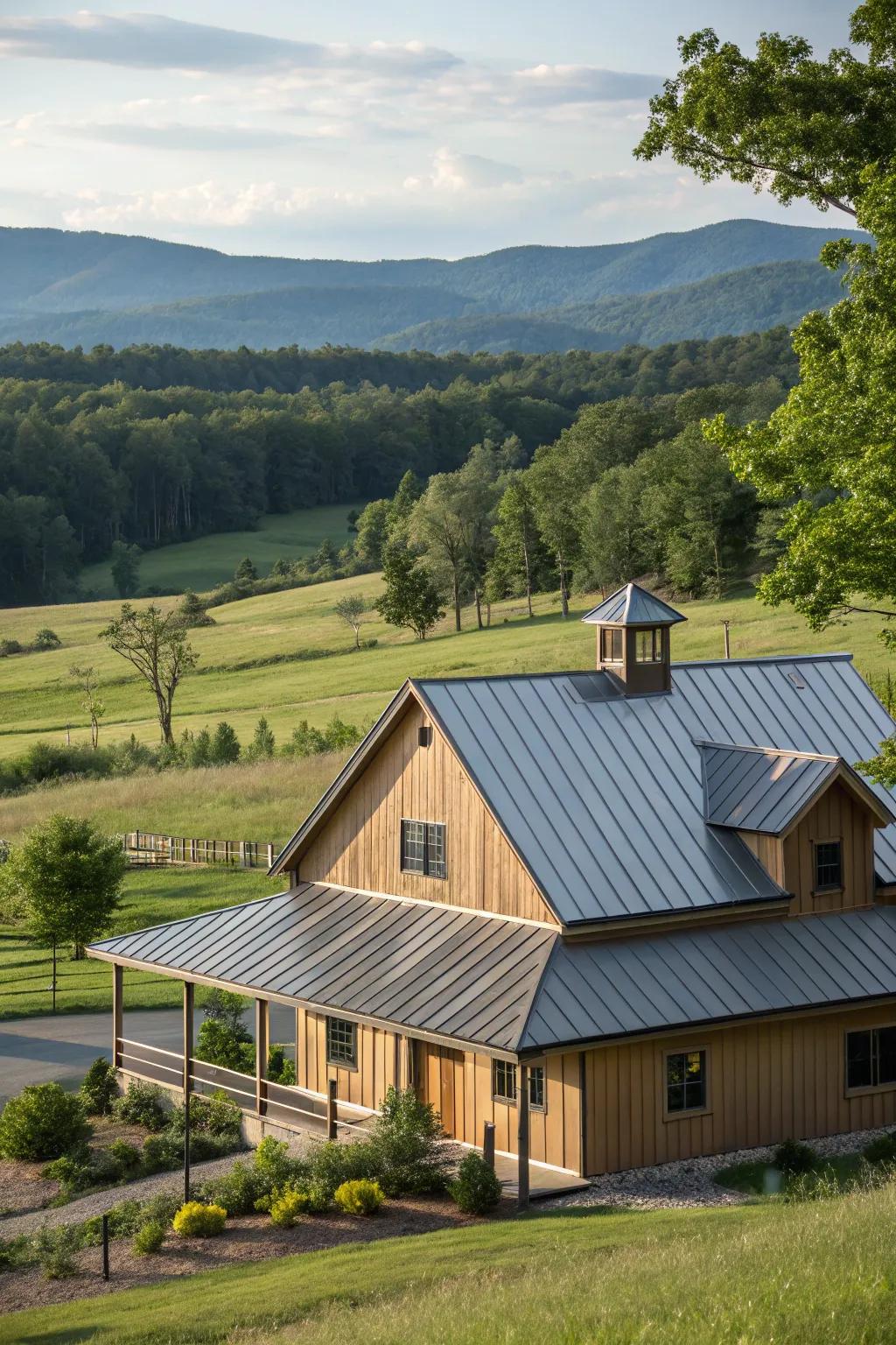 Understated elegance: A farmhouse with an earth-toned metal roof.
