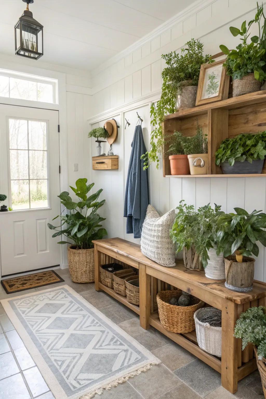 Lively mudroom featuring fresh plant life.