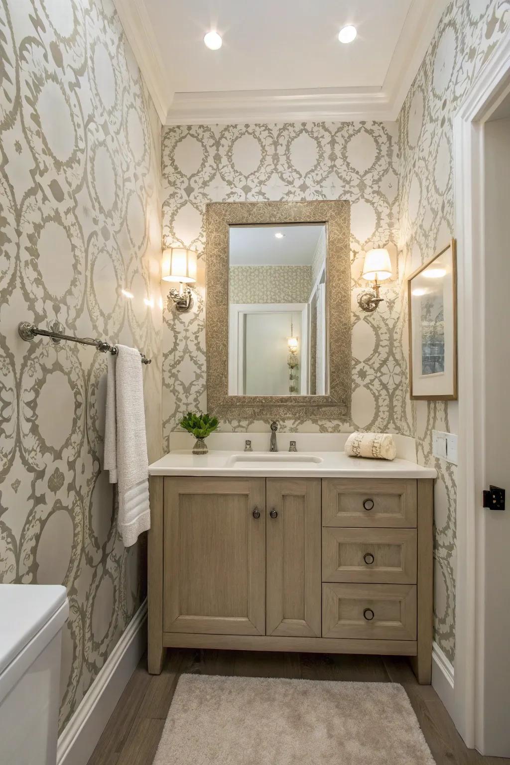 Delicate patterned wallpaper feature within a washroom.