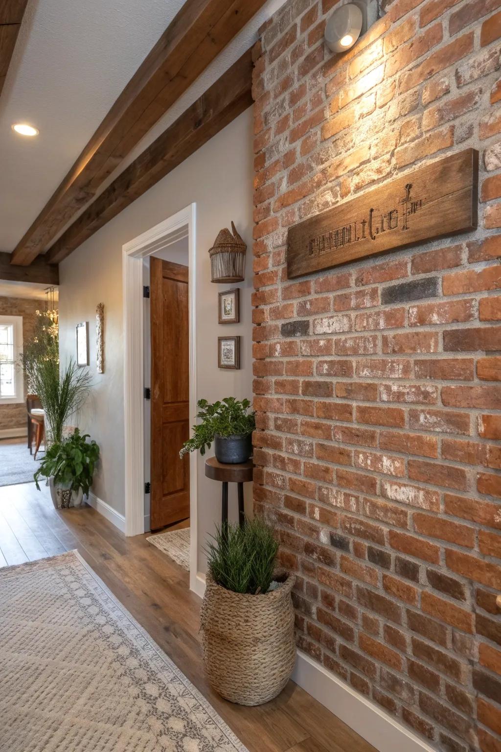 Rustic uncovered brick wall in a welcoming entranceway.