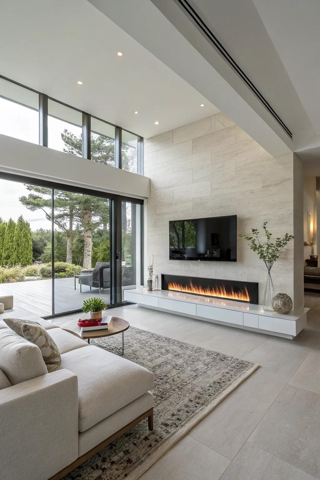 A suspended long flame feature introduces a contemporary element beneath the screen.