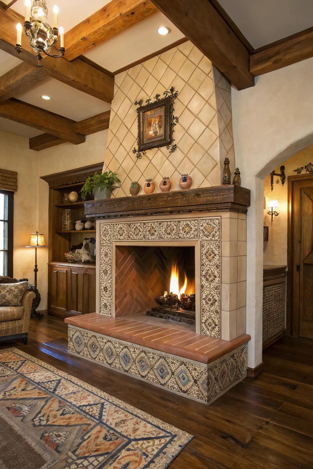 A fireplace featuring endearing custom crafted look pieces.