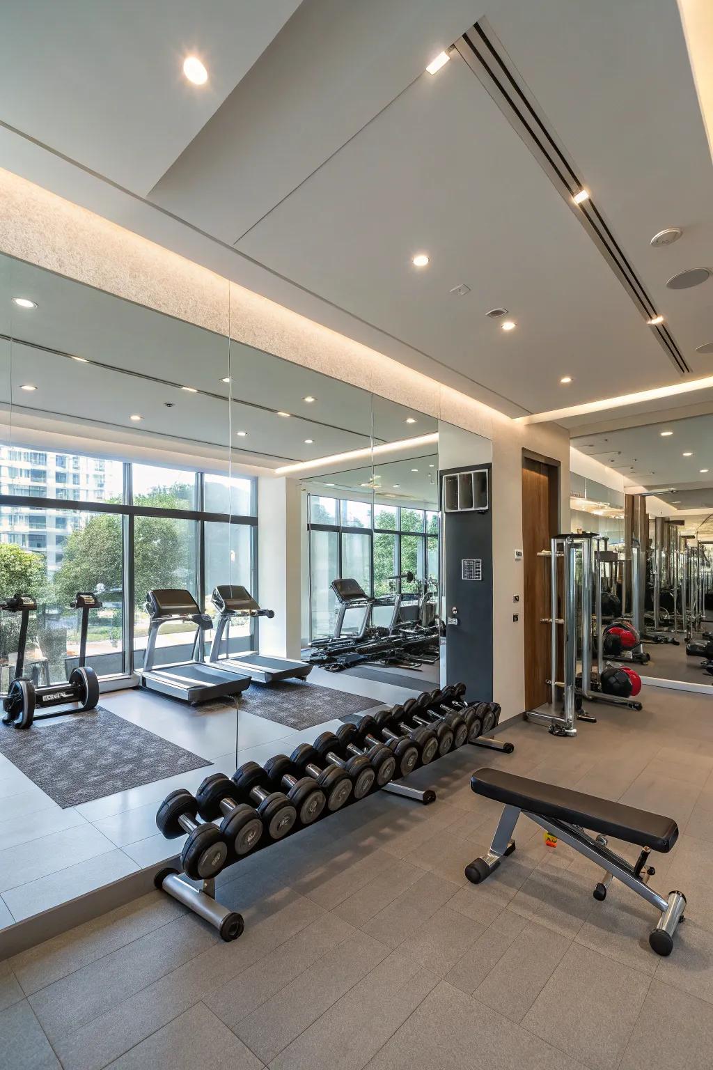 A well-integrated home gym within a flex room.