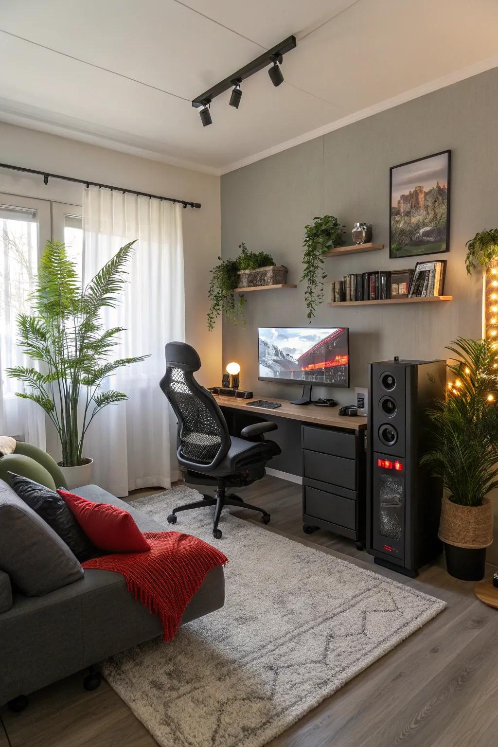 A gaming chamber featuring potted greenery for a natural feel.