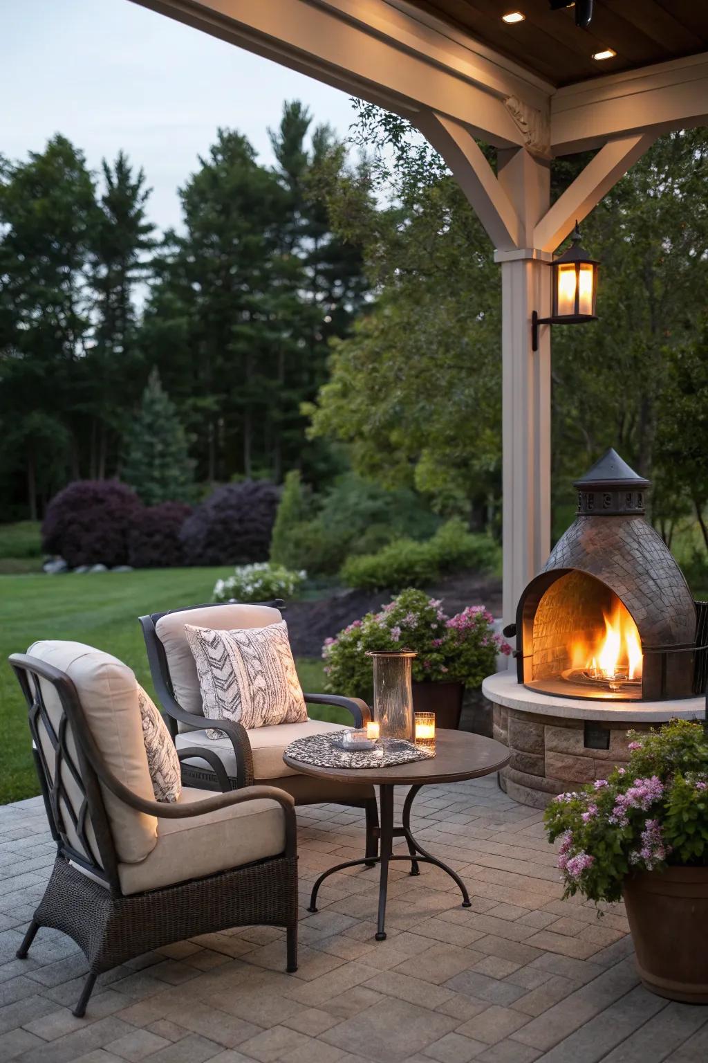 A gas fireplace outdoors creating a welcoming patio atmosphere.