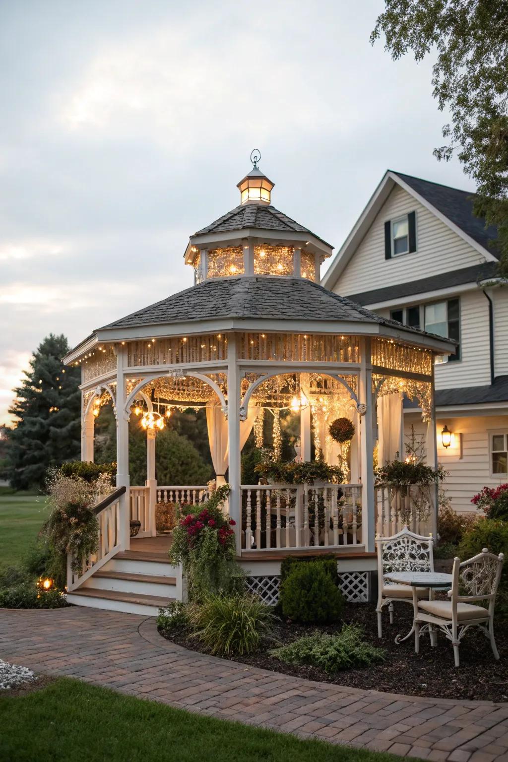 A gazebo attached with vintage flair enhances outdoor living spaces.