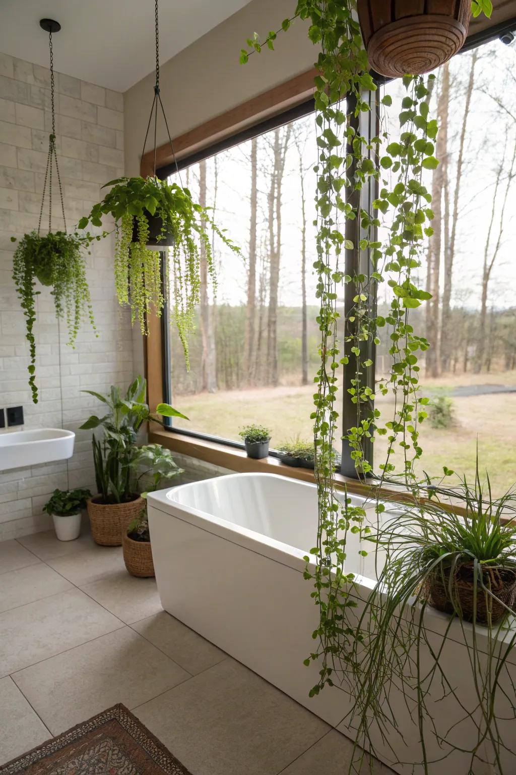 A bathroom enlivened via miniature potted flora and suspended creeper plants for a fresh aesthetic.