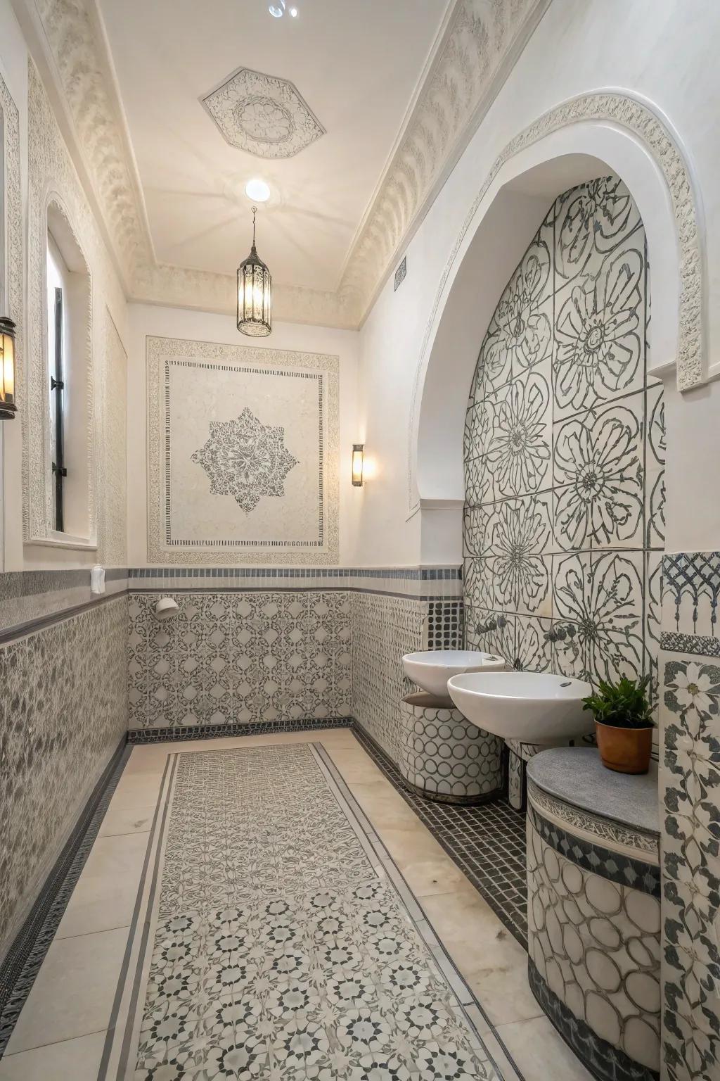 Distinct paving designs bring artistry and charm into the bathroom.