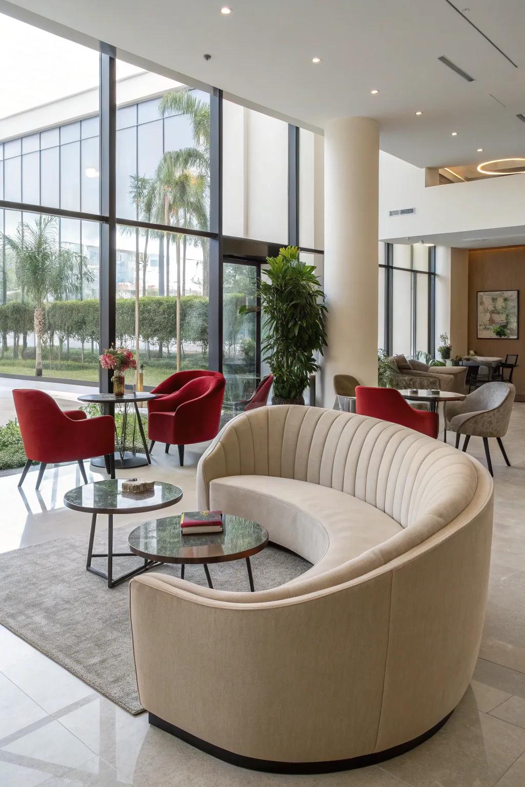 A contemporary interior featuring curved furniture for elegance.