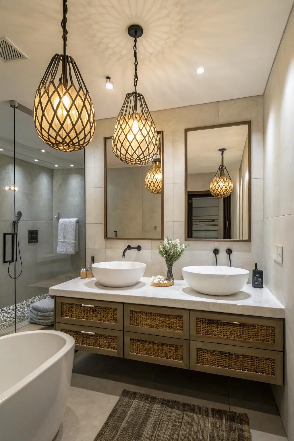 One-of-a-kind lights add style and dimension to the lavatory.