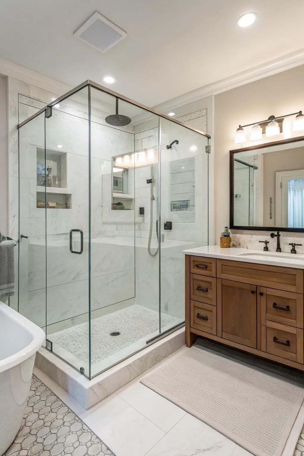 A barrier-free shower contributes to a lavish bathroom experience.