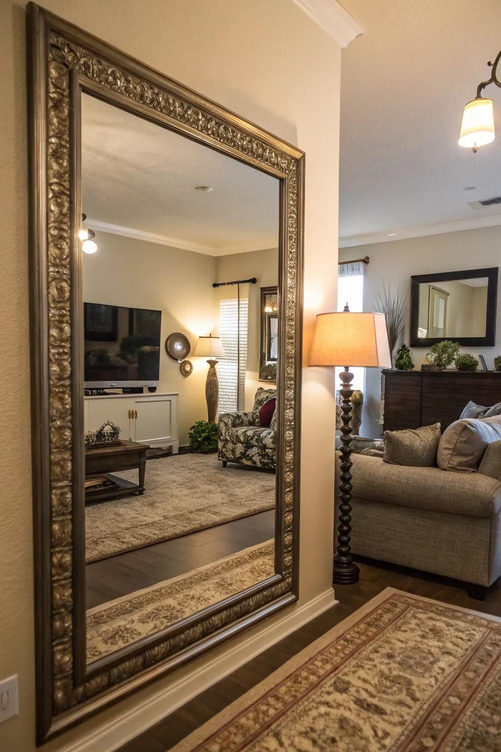 An oversized mirror enhances the sense of space and light in the family room.