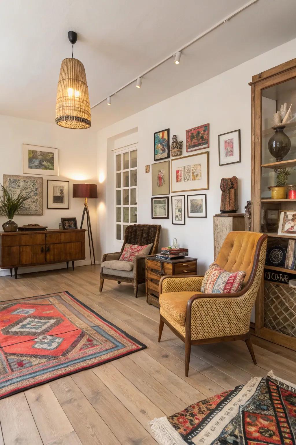 Eclectic decor finds harmony with light wood floors.
