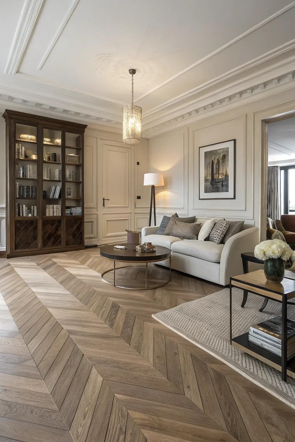 Create visual appeal with angled patterned flooring.