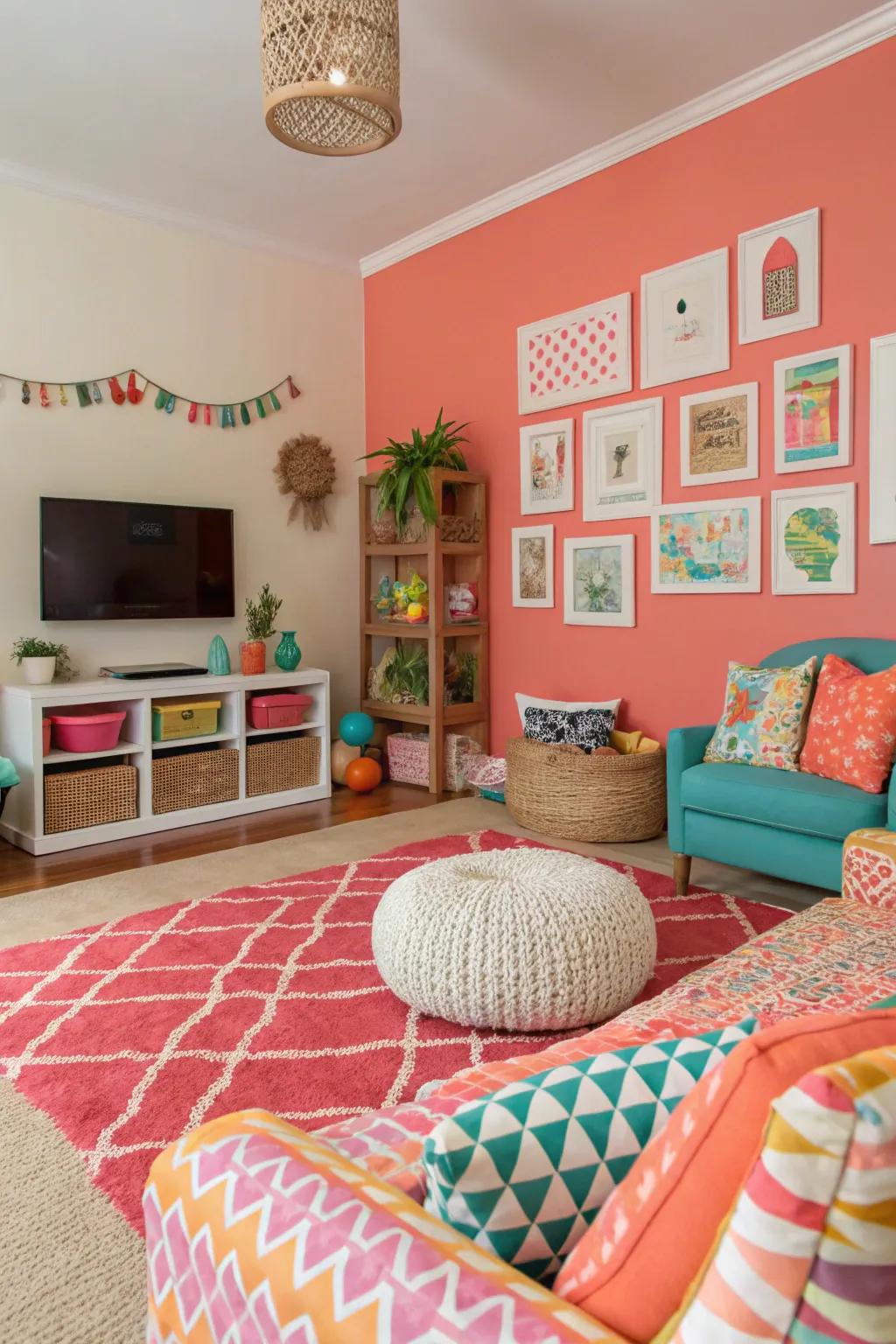 Orange-Red walls bring vibrancy and energy to this lively living area.