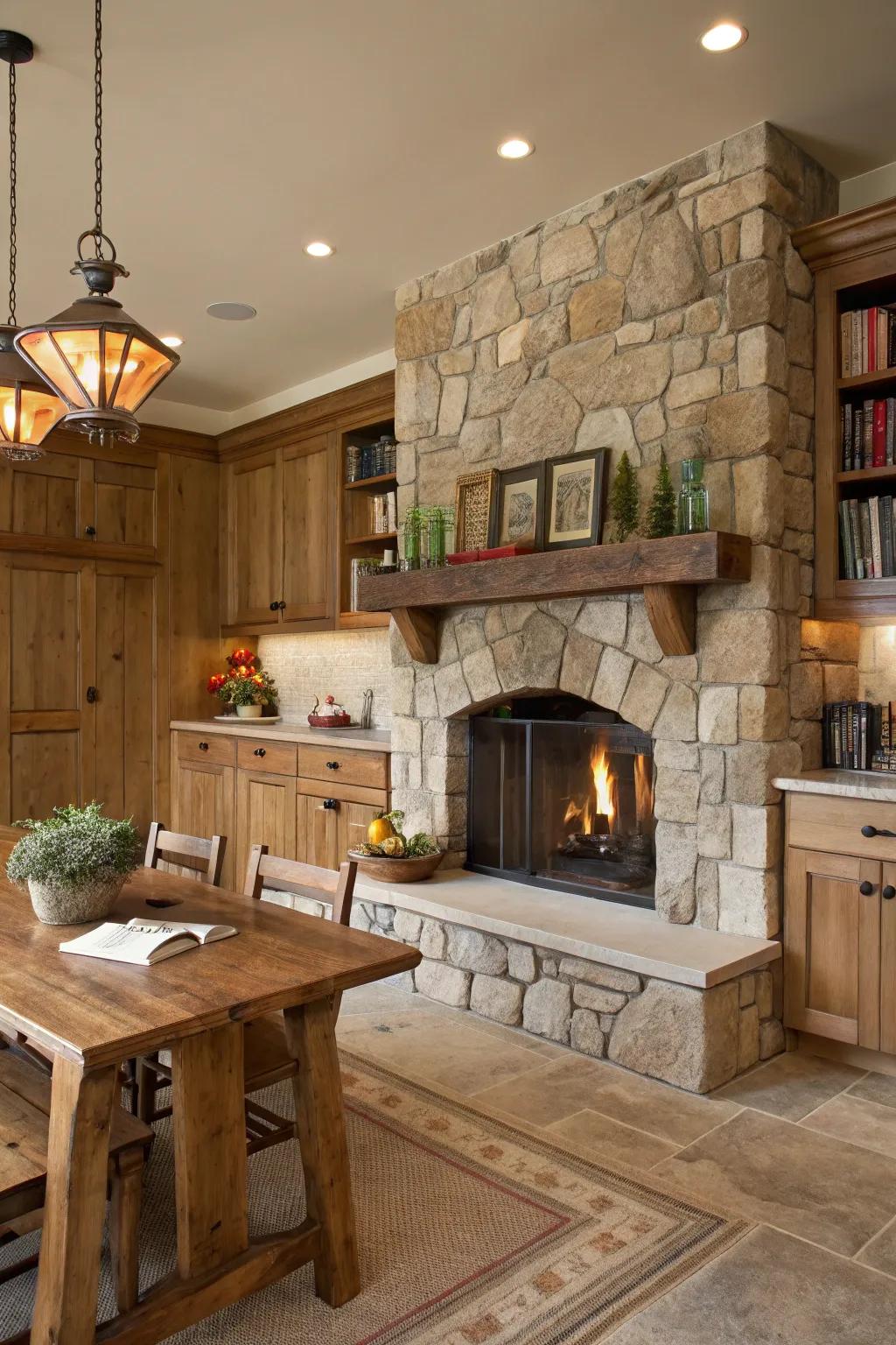 Stone fireplaces establish warm and inviting focal points.