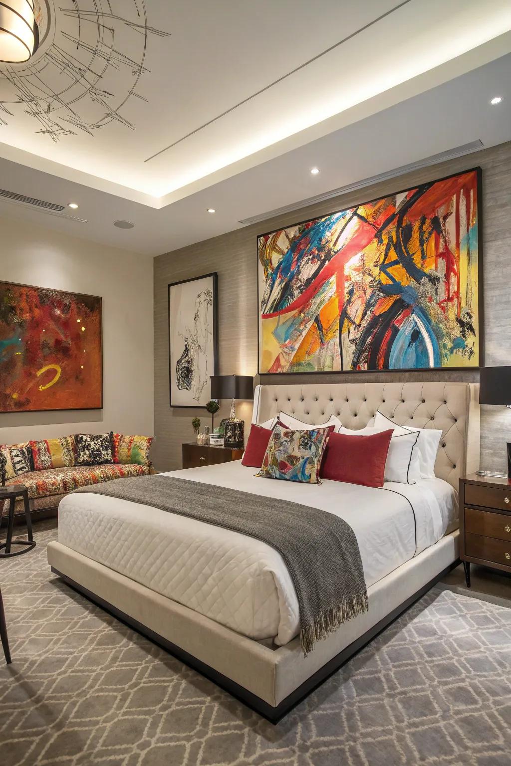 Expressive art adds a bold statement to this contemporary bedroom.