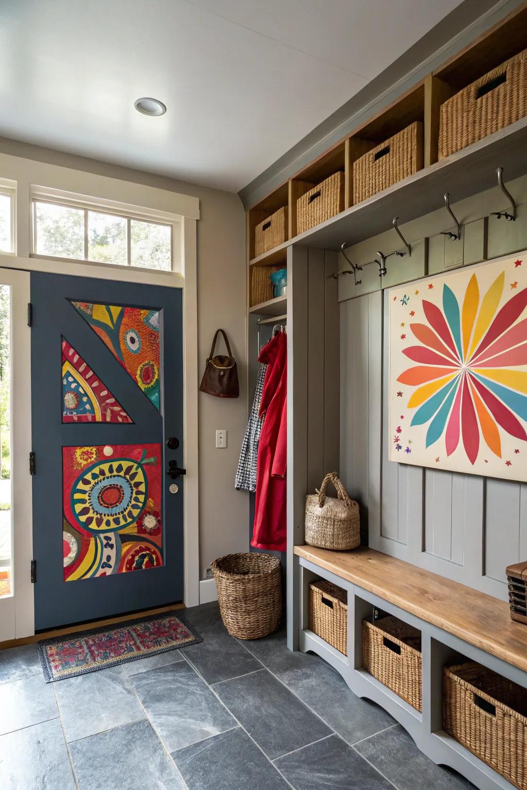 The modern mudroom is energized by pops of color.