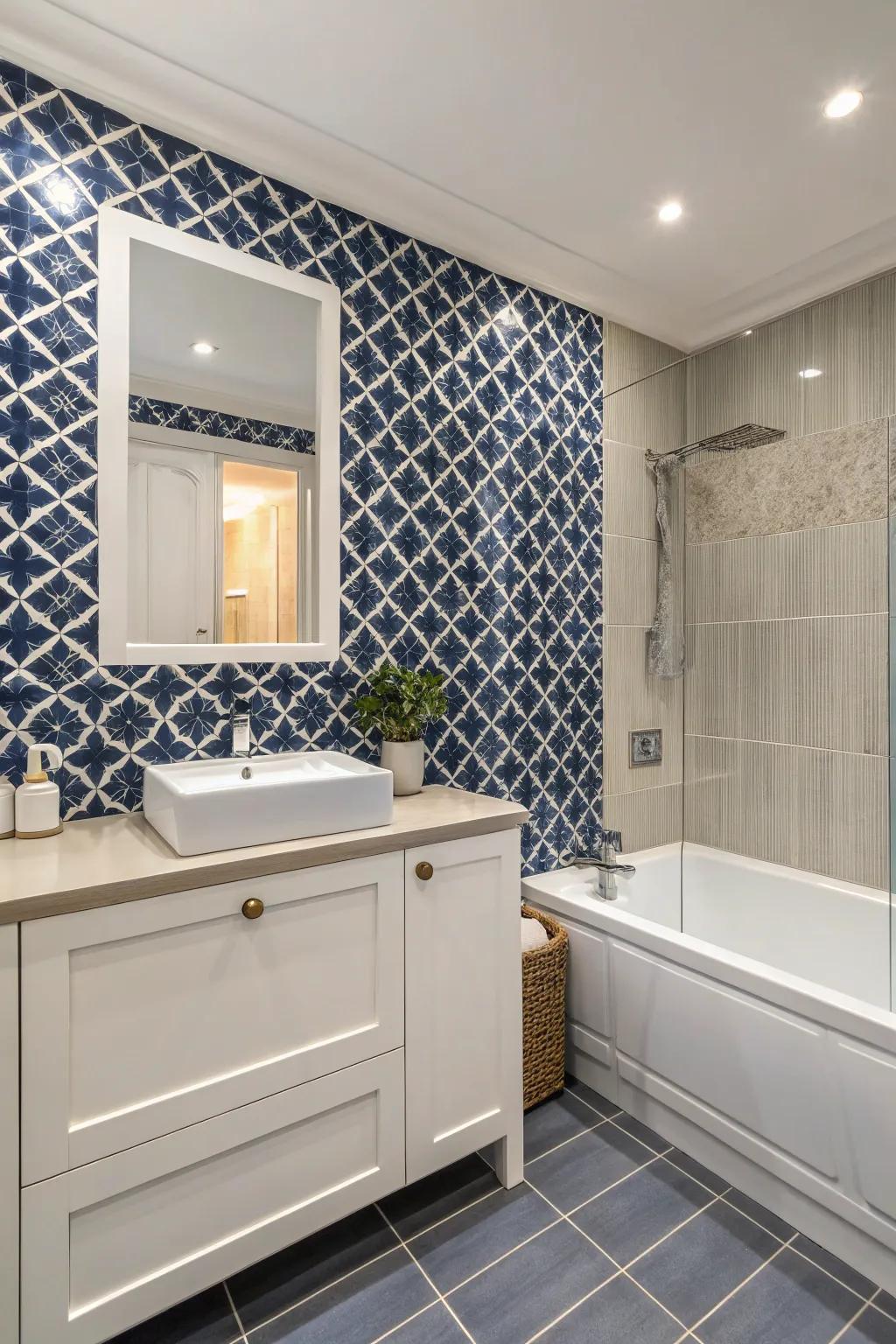 Patterned tiles create an artistic centerpiece in the bathroom.