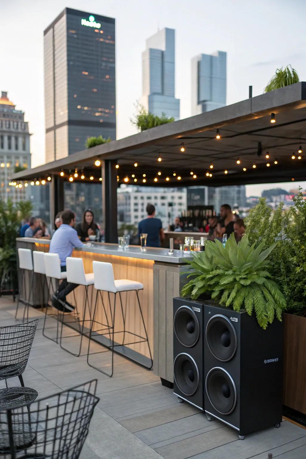 An integrated sound system transforms this bar into a lively gathering spot.