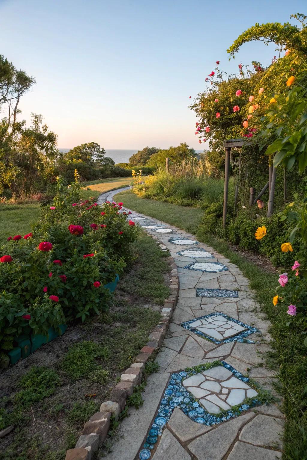 A garden path using unusual resources for a contemporary and unique aesthetic.