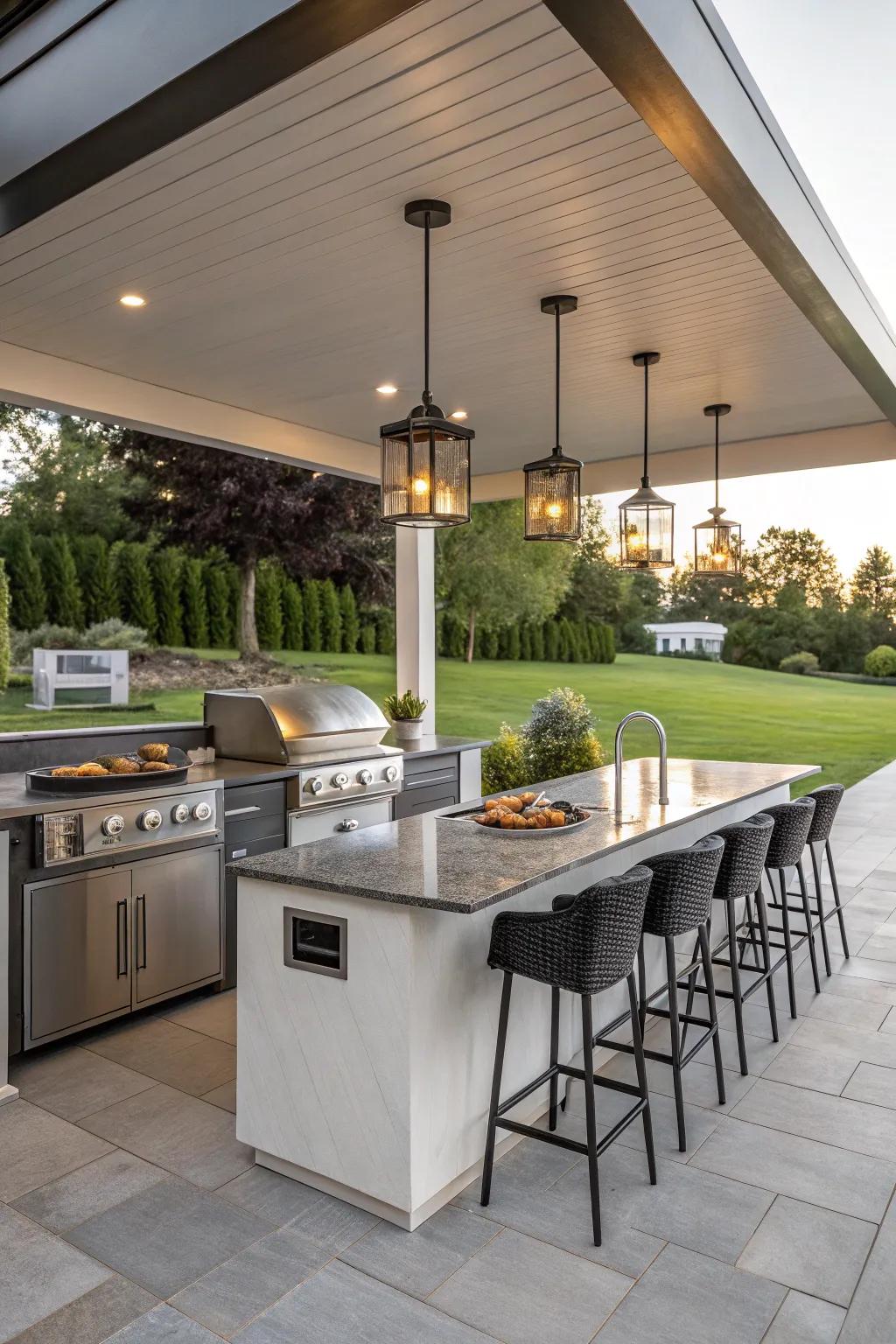 A current bar area improving any open-air cooking area experience.