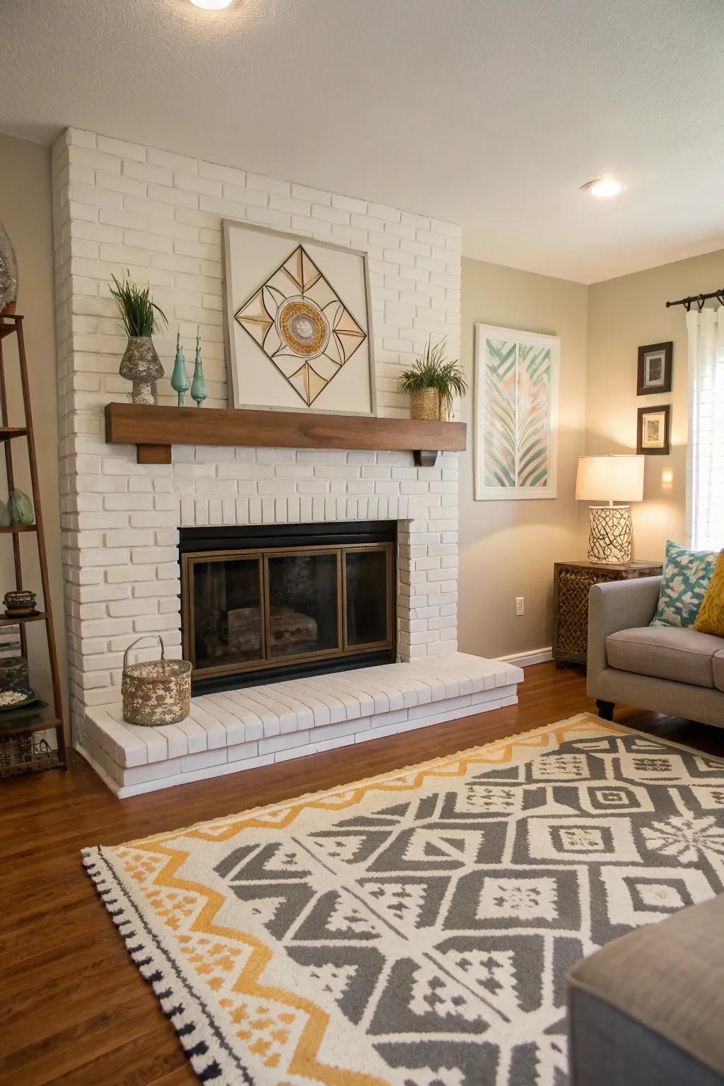 Symmetrical painted brick fireplace delivers harmony and balance.
