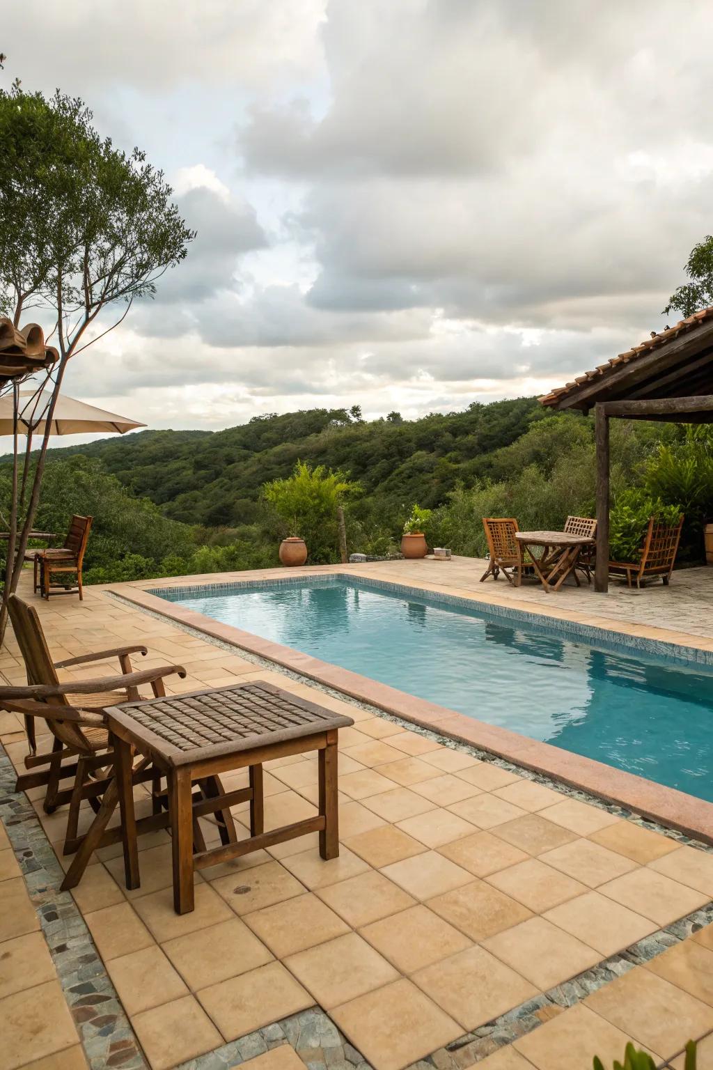 Warm neutral tiling fashion a snug and welcoming pool atmosphere.