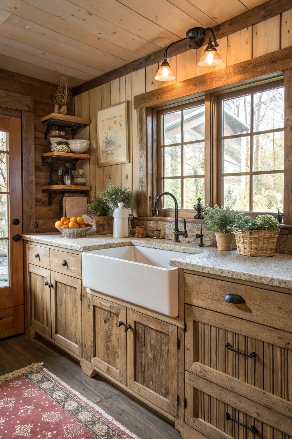 A country sink infuses a sense of timeless charm into this modern rustic kitchen.
