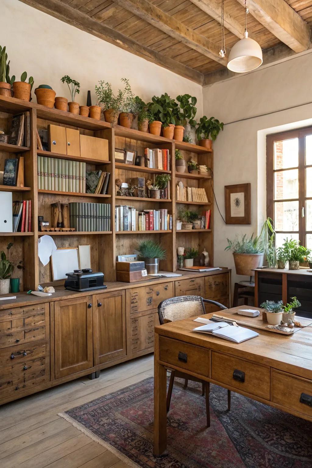 Open shelving offers both storage and visual appeal within a rustic office.