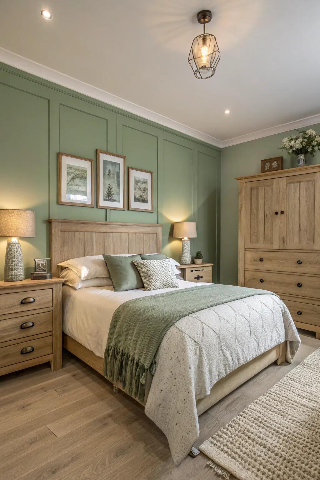 Sage green and pale shades together create a calm and welcoming bedroom.