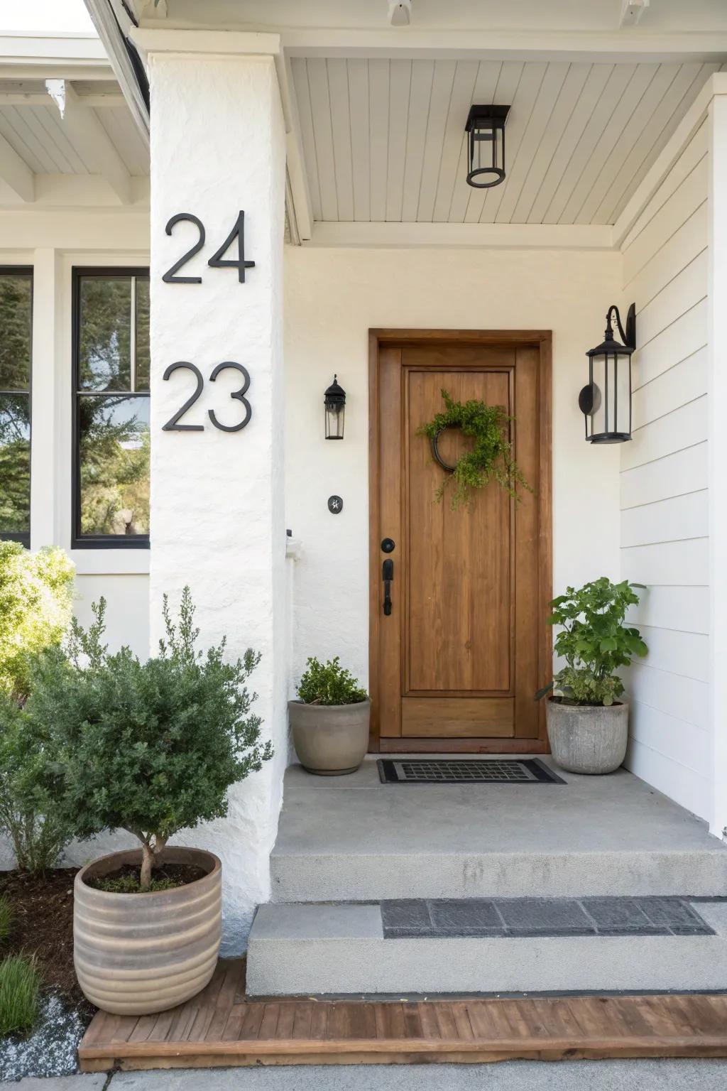 A small front porch with sleek, minimalist address numbers for a modern touch.