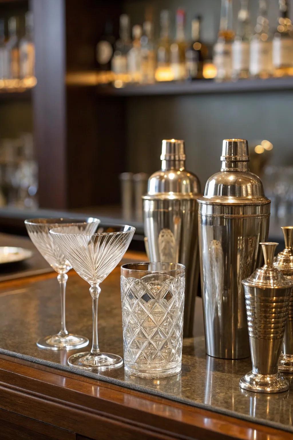 Curated retro barware enhances the authenticity of your speakeasy.