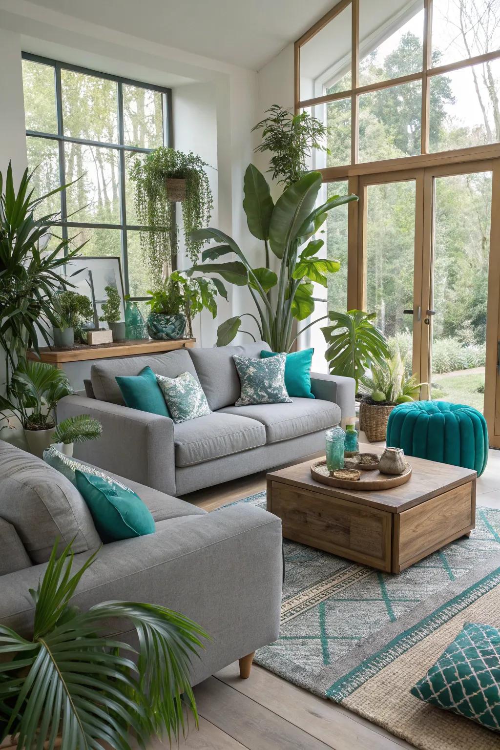Greenery brings freshness to a teal and grey living space.