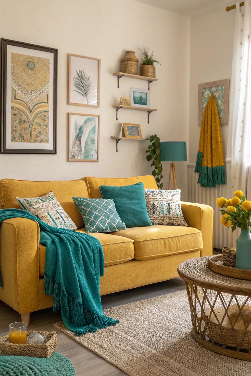 Teal paired with saffron yellow creates a bold and energetic living space.