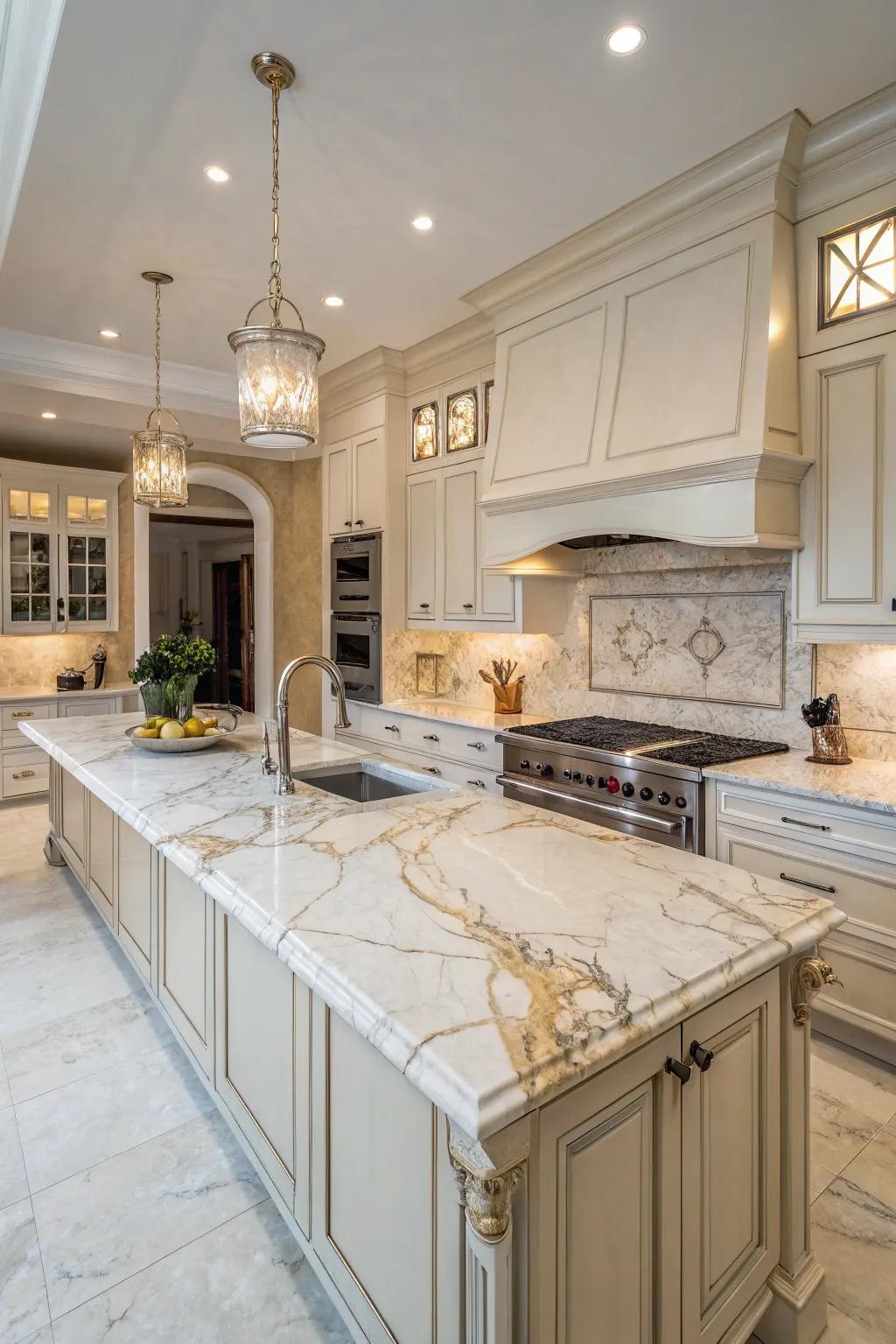Inherent stone tiles convey timeless fineness to this kitchen.