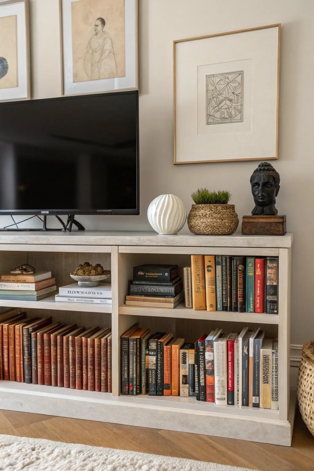 Creative shelving transforming the TV wall.