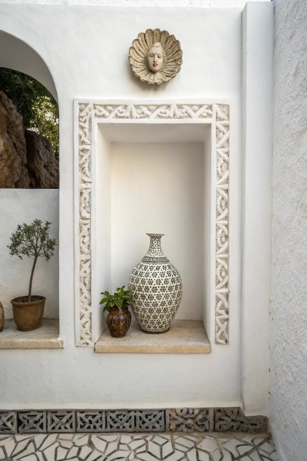 A minimalist wall niche showcasing a single decorative object for a serene visual.