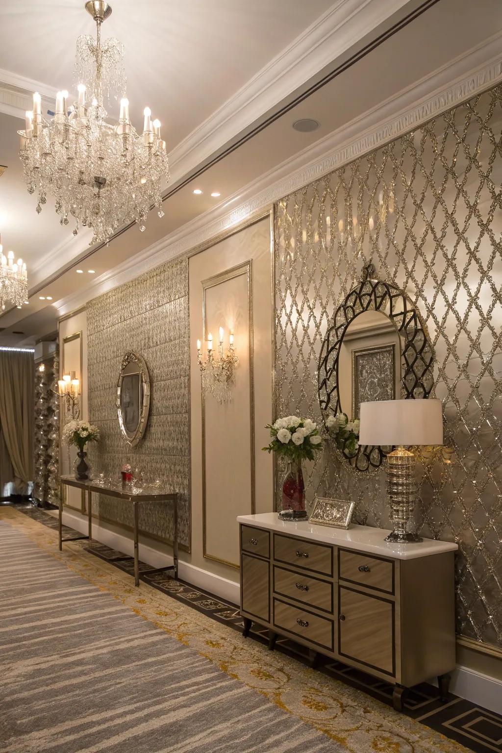 Shimmery accent wall covering adds glamour to an elegant room.