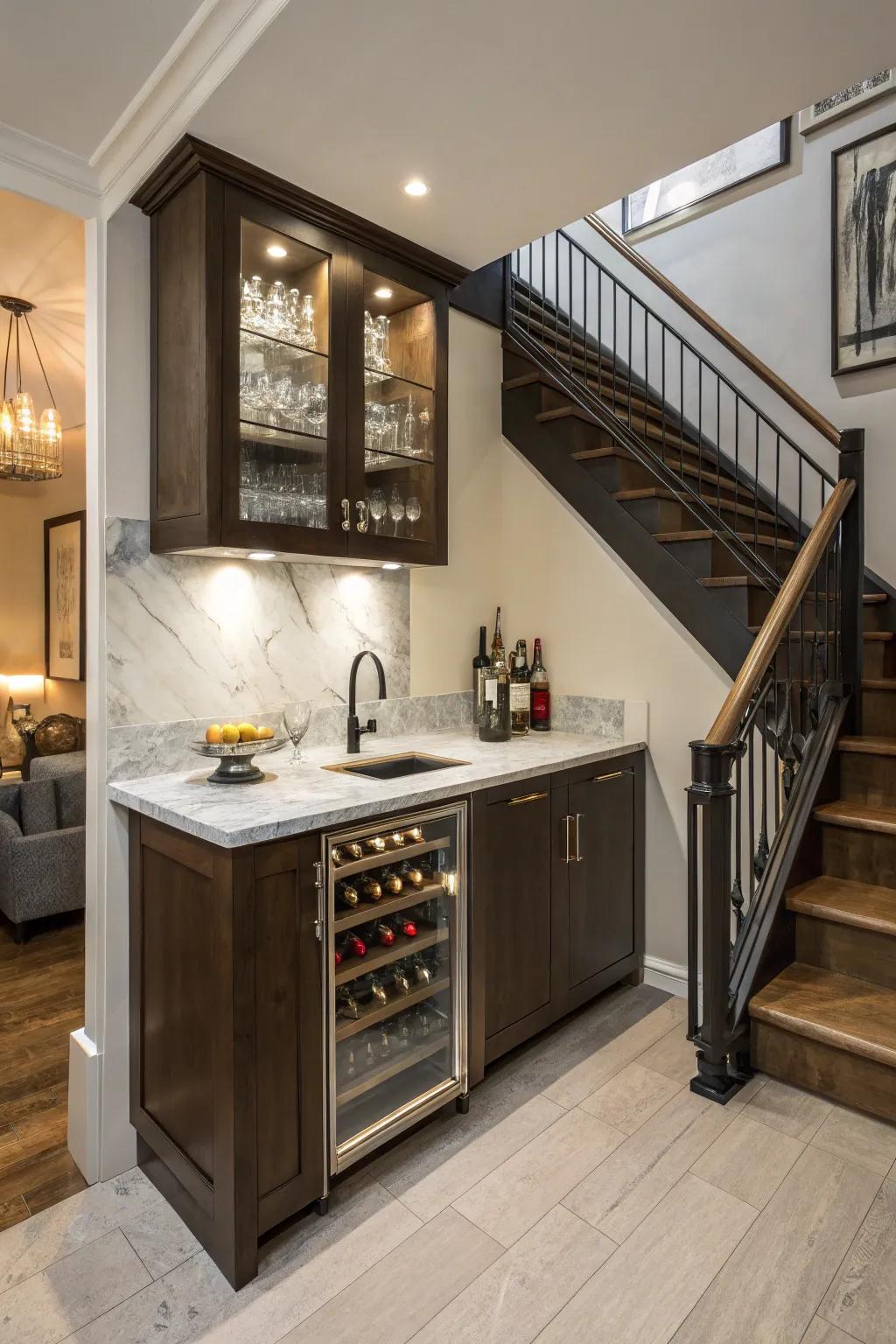 Beneath-the-staircase wet bars creatively optimize space.