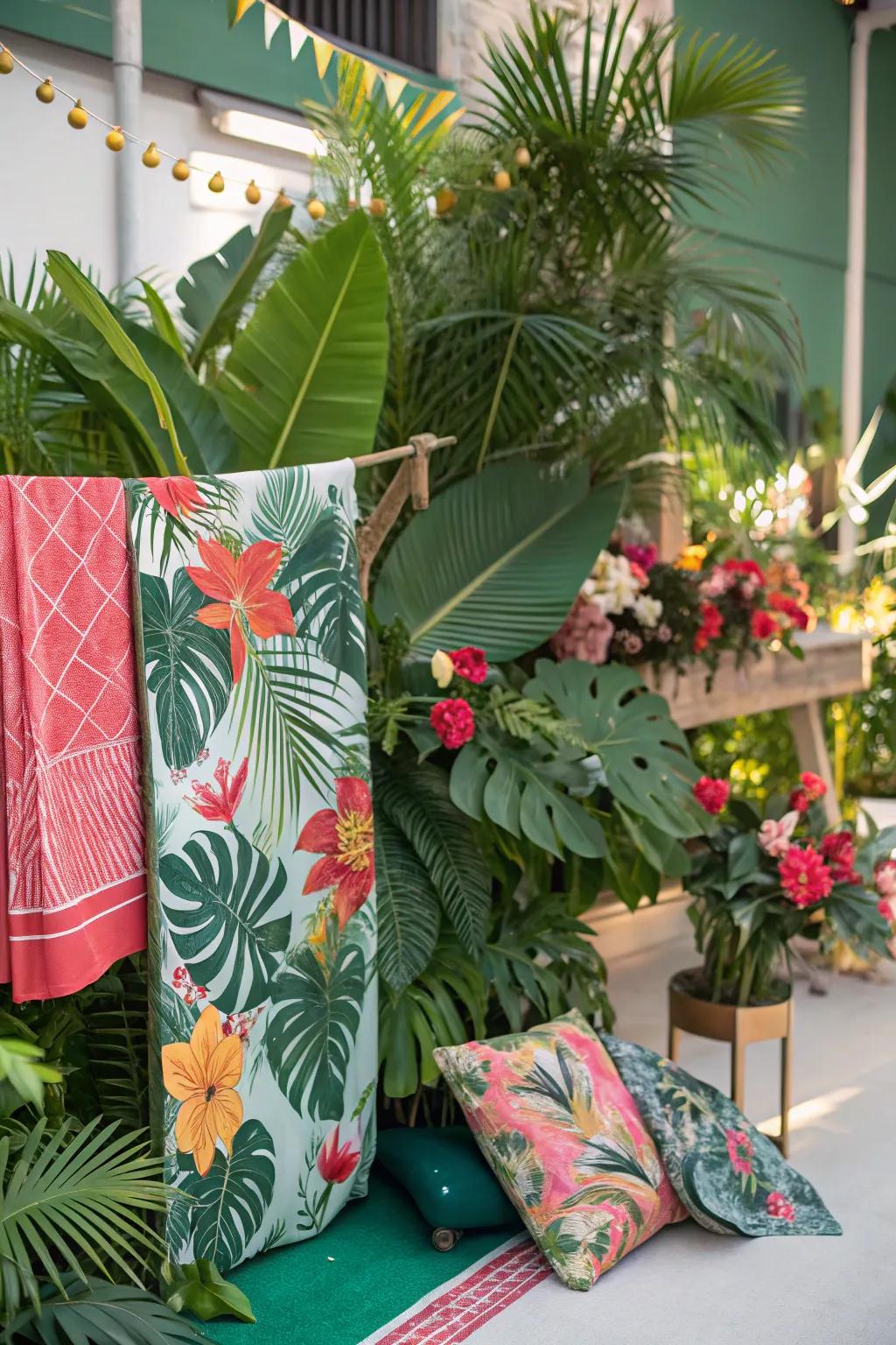 A warm weather mood board with bright plants and exotic parts.