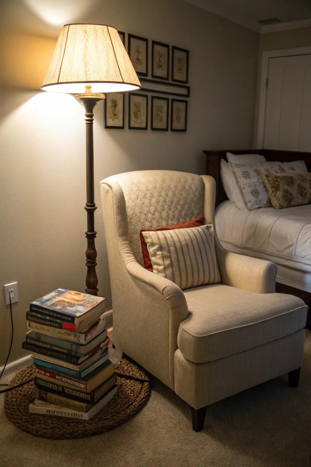 Gently lit corners using stylish floor lamps.