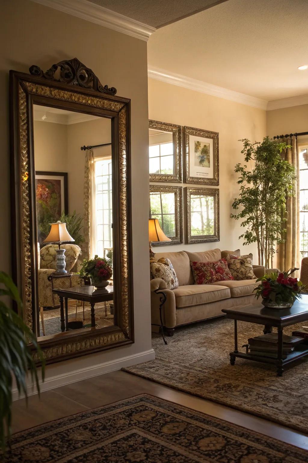 Reflective facets improving light within a dimly lit living space.