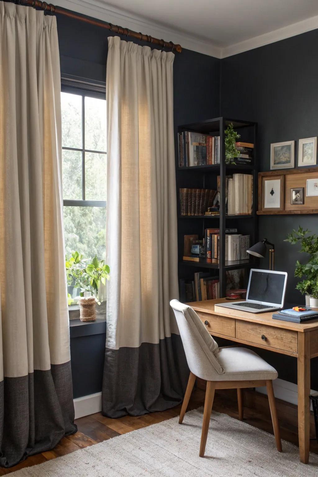 Layered window panes contribute fullness and command to light and privacy.
