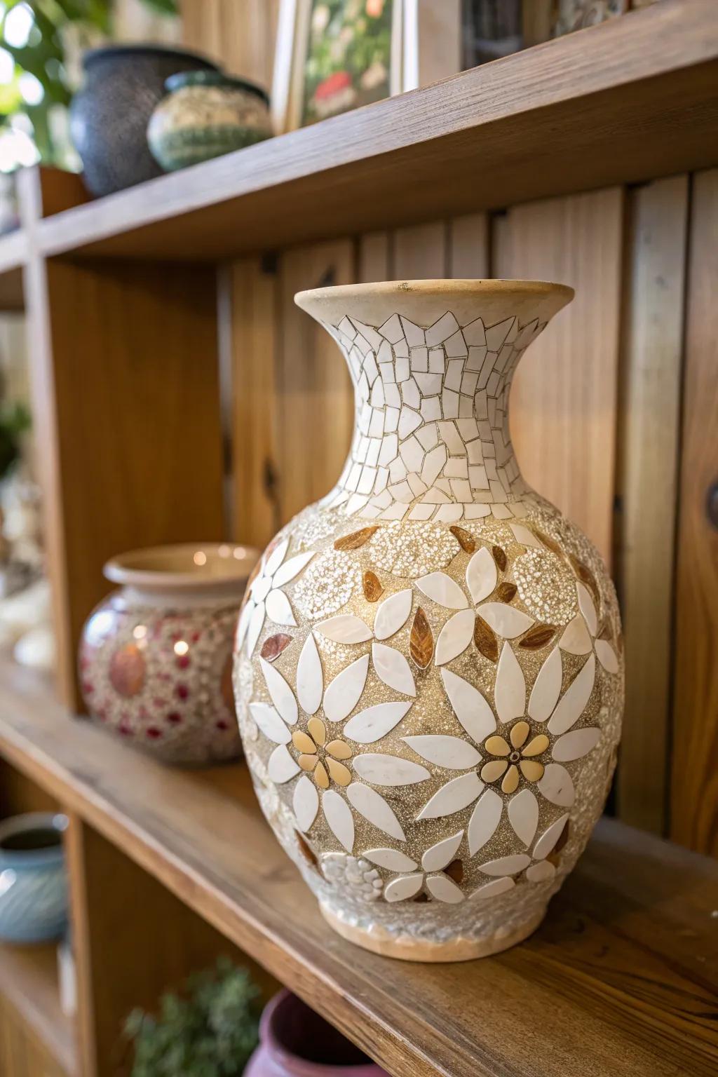 Eggshells fashion a fragile, textured mosaic aesthetic.